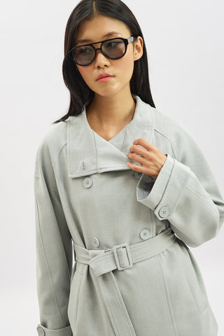 High Neck Belted Trench Coat Blue