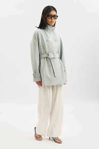 High Neck Belted Trench Coat Blue
