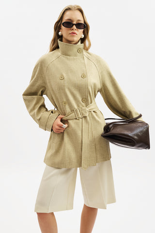High Neck Belted Trench Coat Light Brown