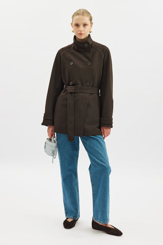 High Neck Belted Trench Coat Dark Brown