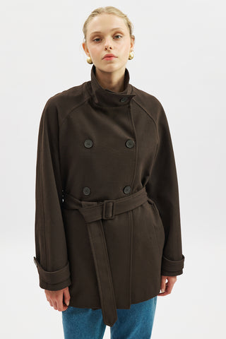 High Neck Belted Trench Coat Dark Brown