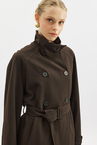 High Neck Belted Trench Coat Dark Brown