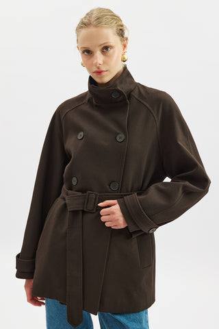 High Neck Belted Trench Coat Dark Brown
