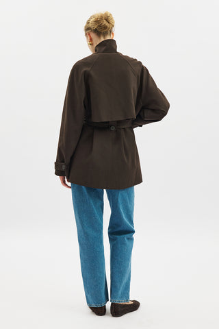 High Neck Belted Trench Coat Dark Brown