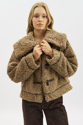 Short Faux Fur Buttoned Coat Brown