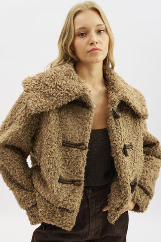 Short Faux Fur Buttoned Coat Brown