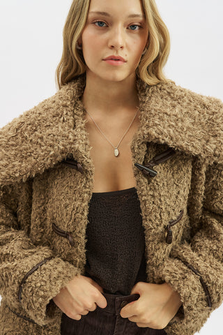 Short Faux Fur Buttoned Coat Brown