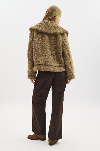 Short Faux Fur Buttoned Coat Brown