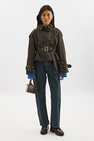 Belted Short Trench Coat Dark Brown