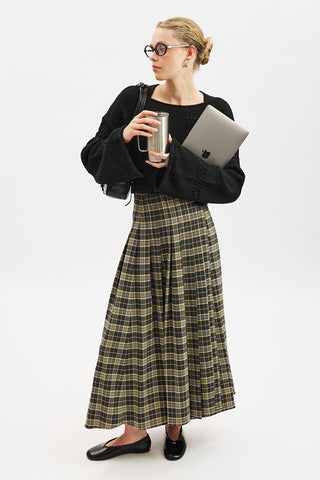 Pleated Belted Checked Skirt Camel