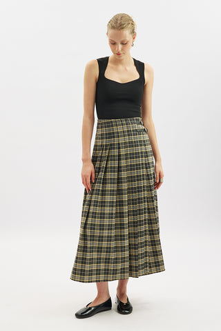 Pleated Belted Checked Skirt Camel