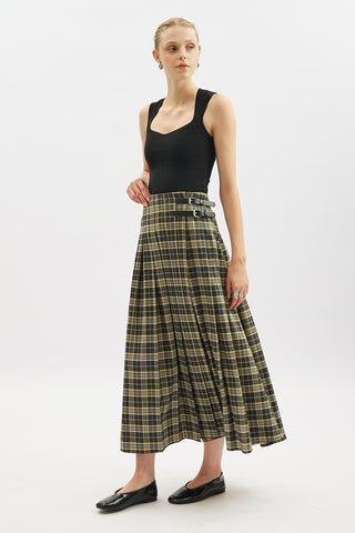 Pleated Belted Checked Skirt Camel