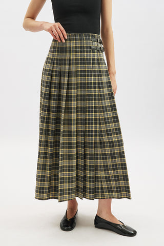 Pleated Belted Checked Skirt Camel