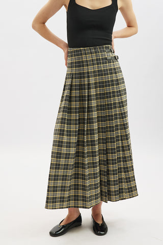 Pleated Belted Checked Skirt Camel