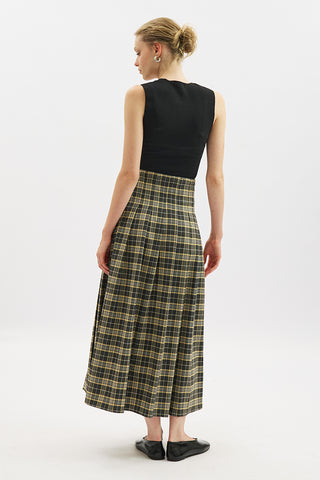 Pleated Belted Checked Skirt Camel