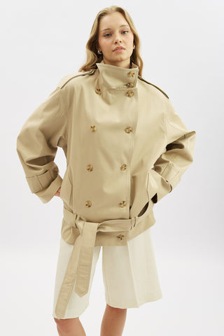 Belted Short Trench Coat With High Neck Sand