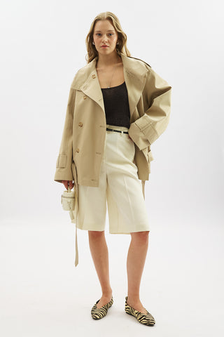 Belted Short Trench Coat With High Neck Sand