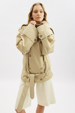 Belted Short Trench Coat With High Neck Sand