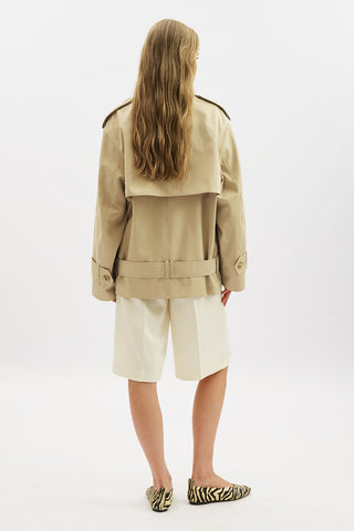 Belted Short Trench Coat With High Neck Sand