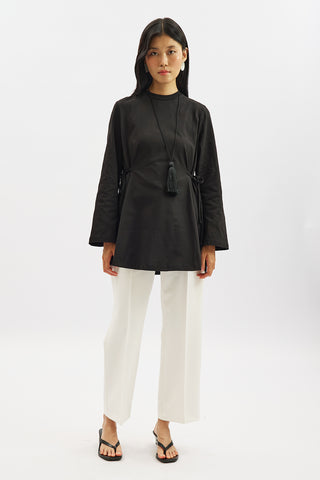 Waist Tie Long Sleeve T Shirt Black