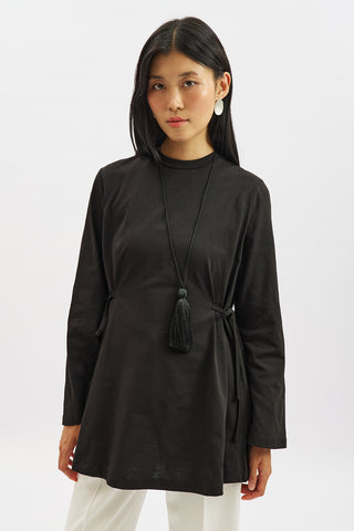 Waist Tie Long Sleeve T Shirt Black