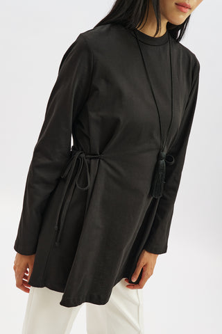 Waist Tie Long Sleeve T Shirt Black