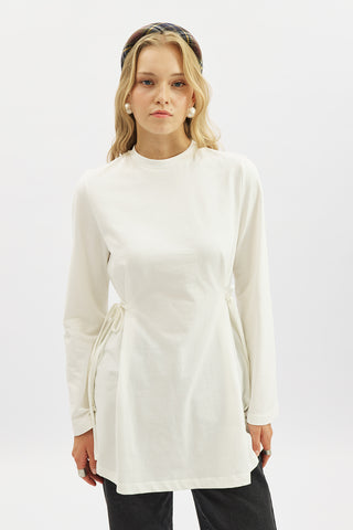 Waist Tie Long Sleeve T Shirt Ecru