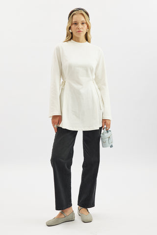 Waist Tie Long Sleeve T Shirt Ecru