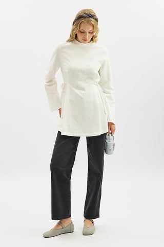 Waist Tie Long Sleeve T Shirt Ecru