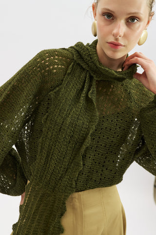 Tie Neck Pointelle Sweater Green