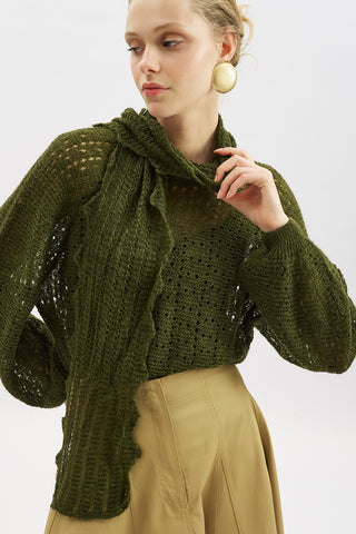 Tie Neck Pointelle Sweater Green