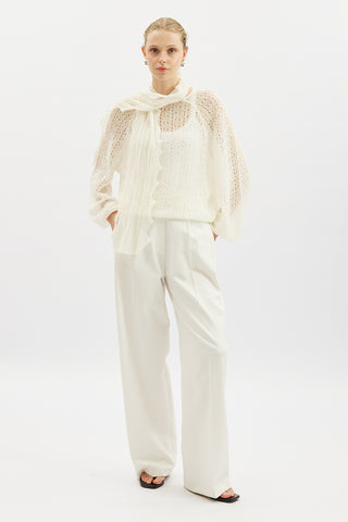 Tie Neck Pointelle Sweater Ecru