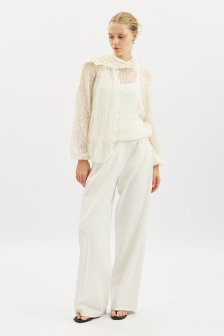 Tie Neck Pointelle Sweater Ecru