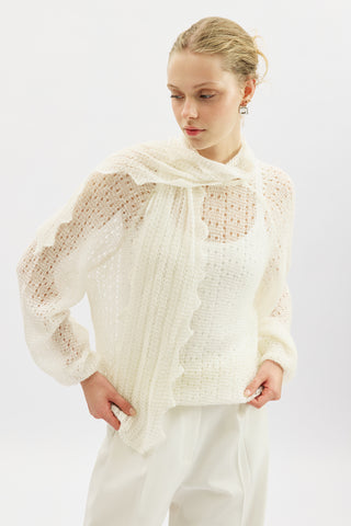 Tie Neck Pointelle Sweater Ecru