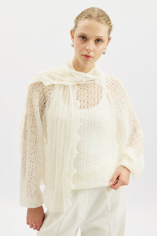 Tie Neck Pointelle Sweater Ecru