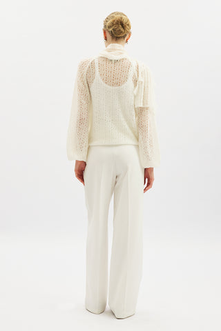 Tie Neck Pointelle Sweater Ecru