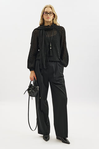 Tie Neck Pointelle Sweater Black
