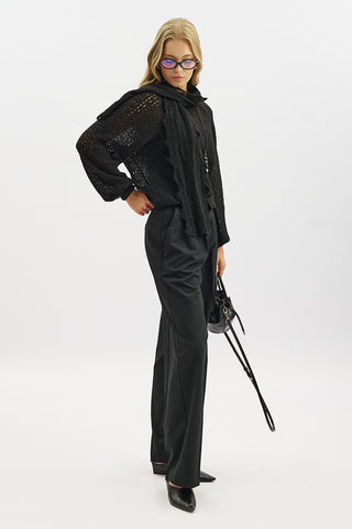 Tie Neck Pointelle Sweater Black