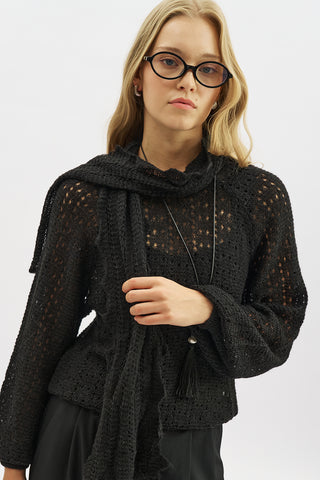 Tie Neck Pointelle Sweater Black