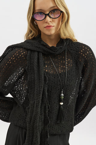 Tie Neck Pointelle Sweater Black
