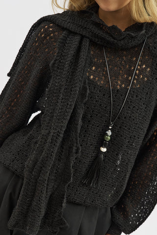 Tie Neck Pointelle Sweater Black