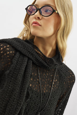 Tie Neck Pointelle Sweater Black