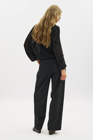 Tie Neck Pointelle Sweater Black