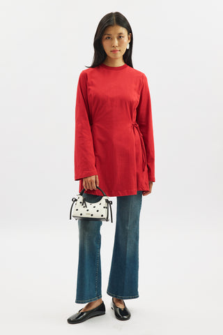 Waist Tie Long Sleeve T Shirt Red