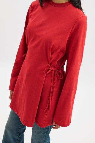 Waist Tie Long Sleeve T Shirt Red