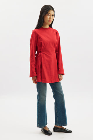 Waist Tie Long Sleeve T Shirt Red
