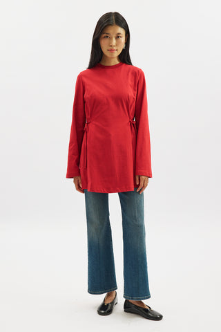 Waist Tie Long Sleeve T Shirt Red