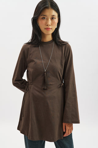 Waist Tie Long Sleeve T Shirt Dark Brown