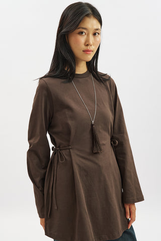 Waist Tie Long Sleeve T Shirt Dark Brown