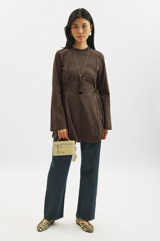 Waist Tie Long Sleeve T Shirt Dark Brown